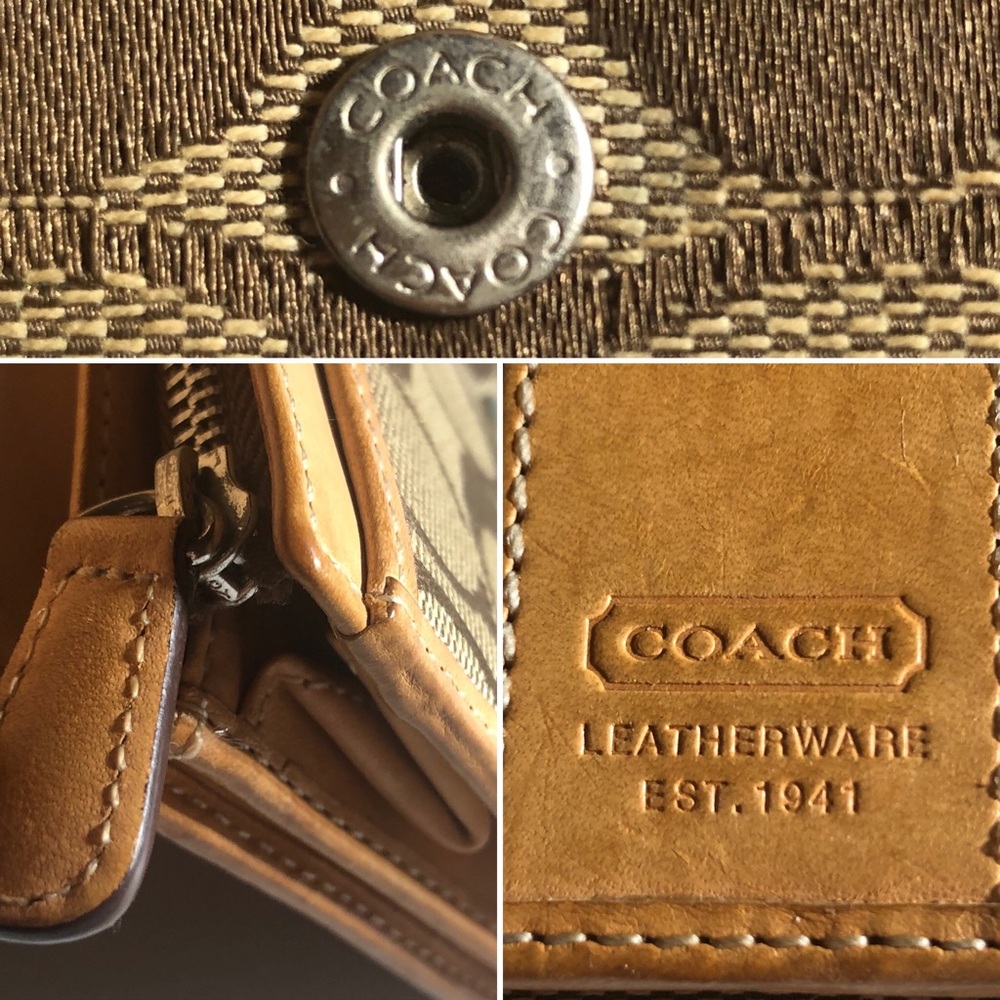 COACH Wallet Brown Canvas Signature Pattern w/ Tan Leather Bifold Medium Compact - Picture 10 of 15